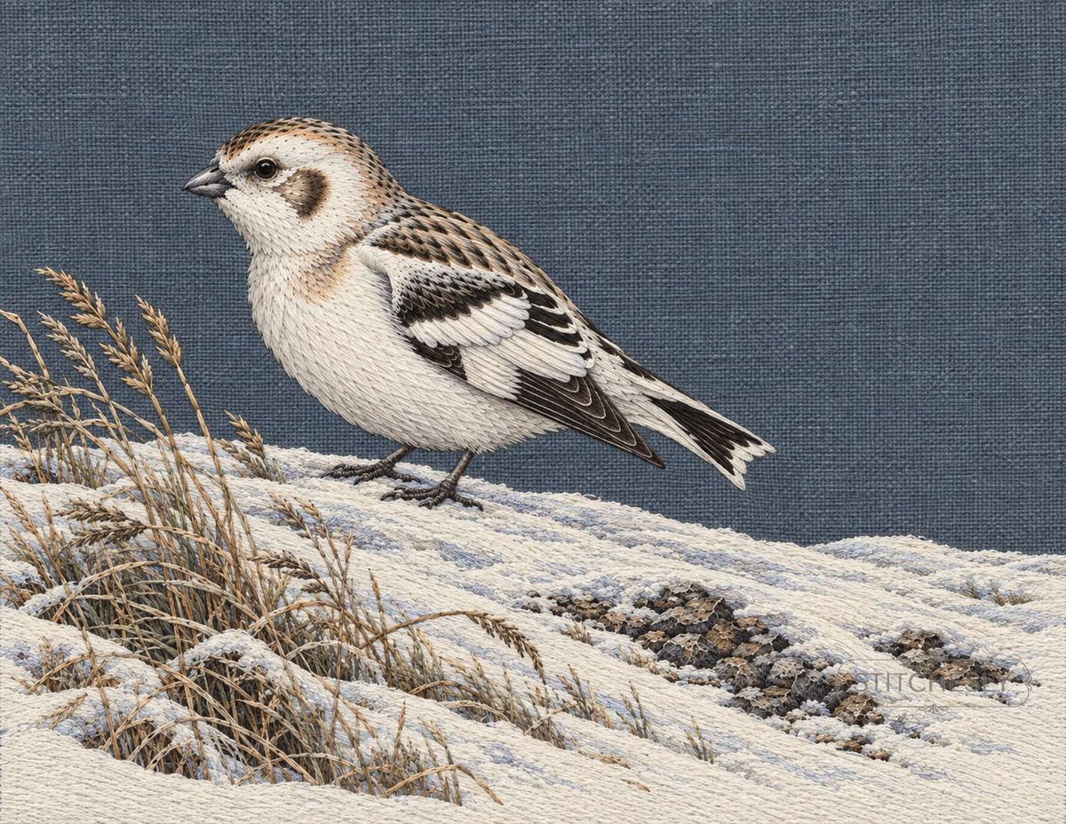 Embroidered Snow Bunting on a wind-scoured winter drift, approved interior study from Botanical Forests.