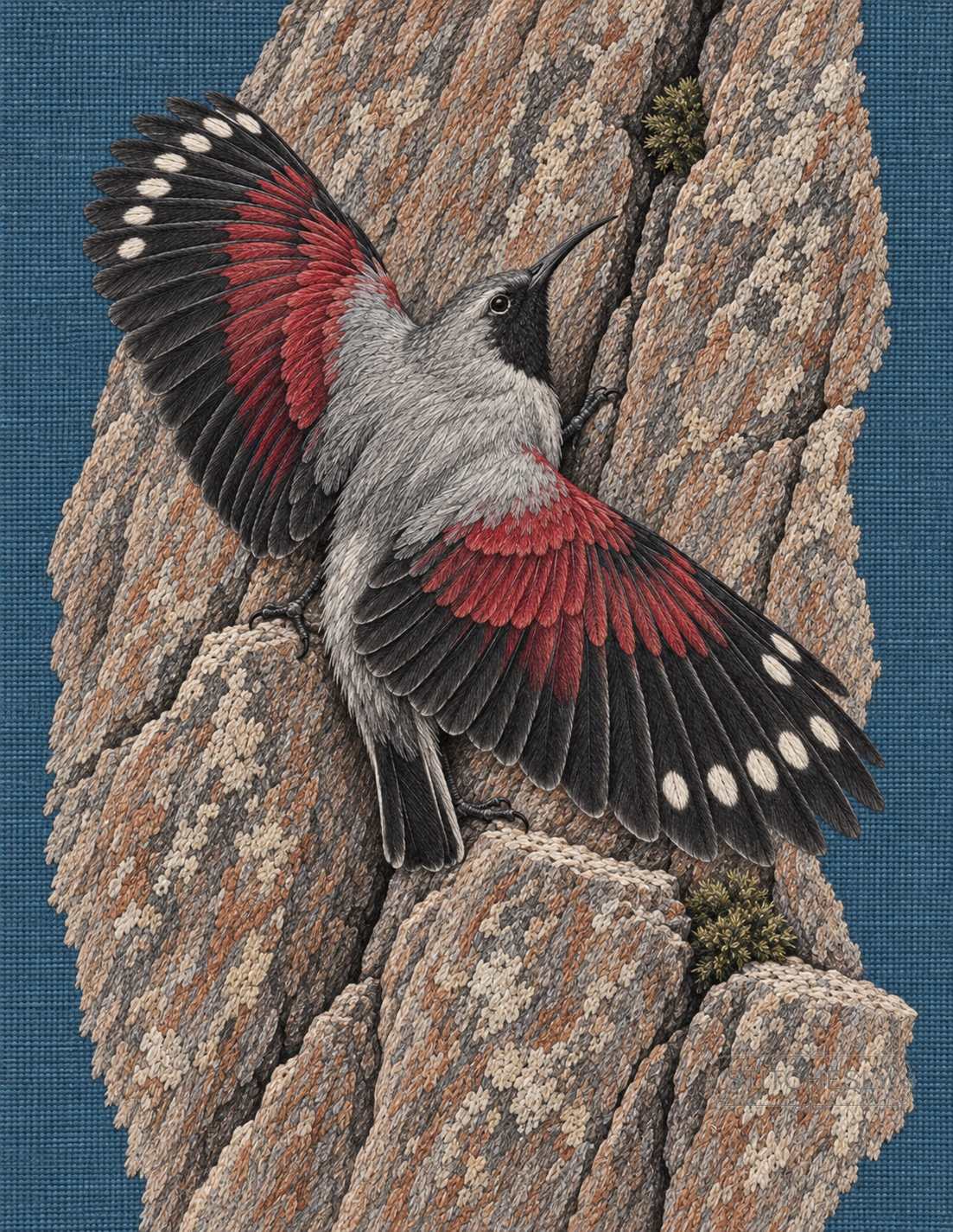 Embroidered wallcreeper on a rocky cliff, interior study from Botanical Forests.