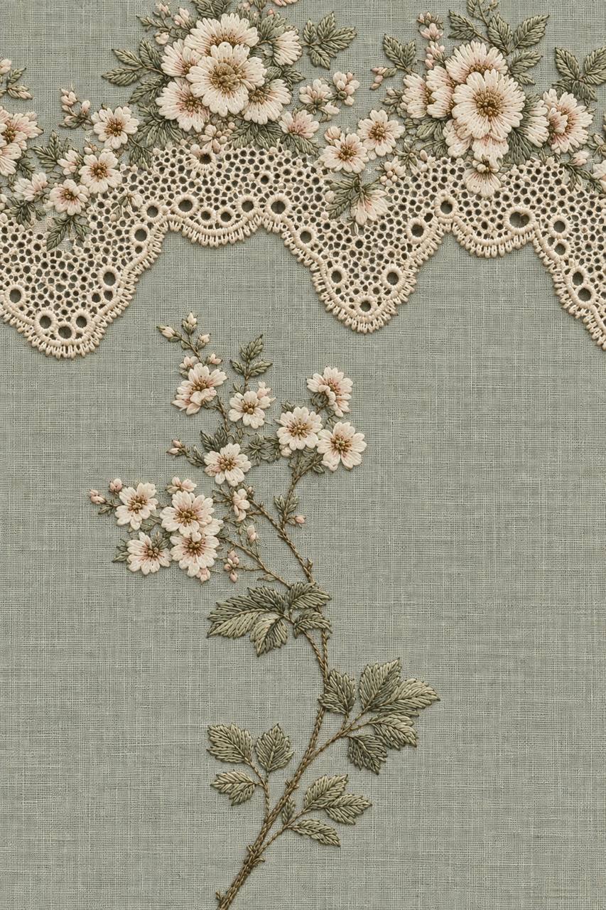 Digital embroidery visualization: ivory floral cutwork border with a separate flowering branch on celadon linen.