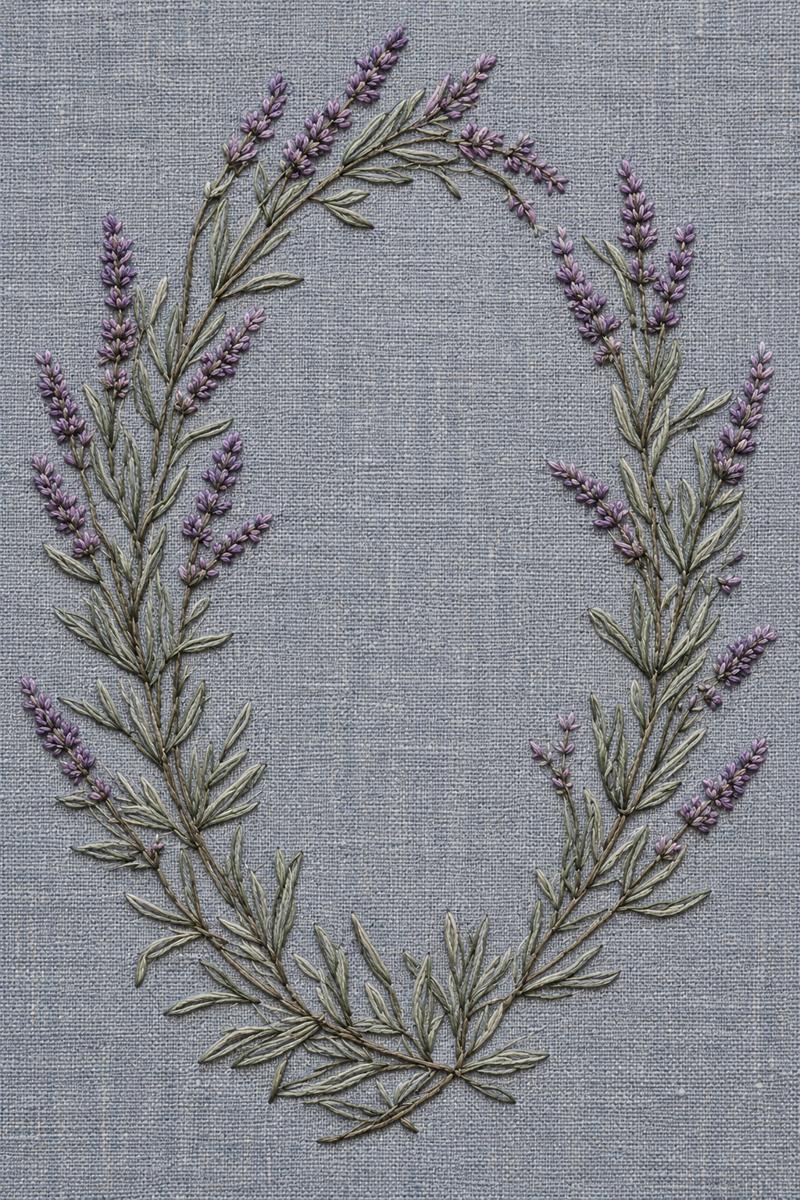 Digital embroidery visualization: lavender oval wreath with sage leaves on smoky blue linen.