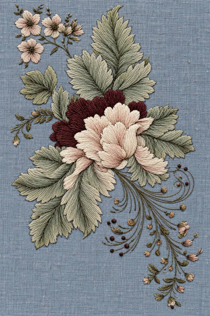 Digital embroidery visualization: ivory and burgundy flowers with celadon leaves and curved tendrils on dusty blue linen.