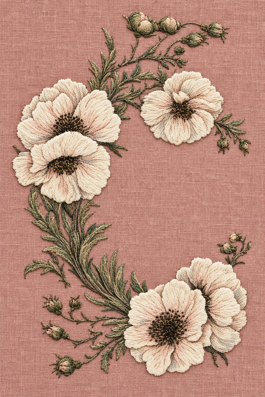 Digital embroidery visualization: open ivory floral frame with narrow green foliage on dusty rose linen.