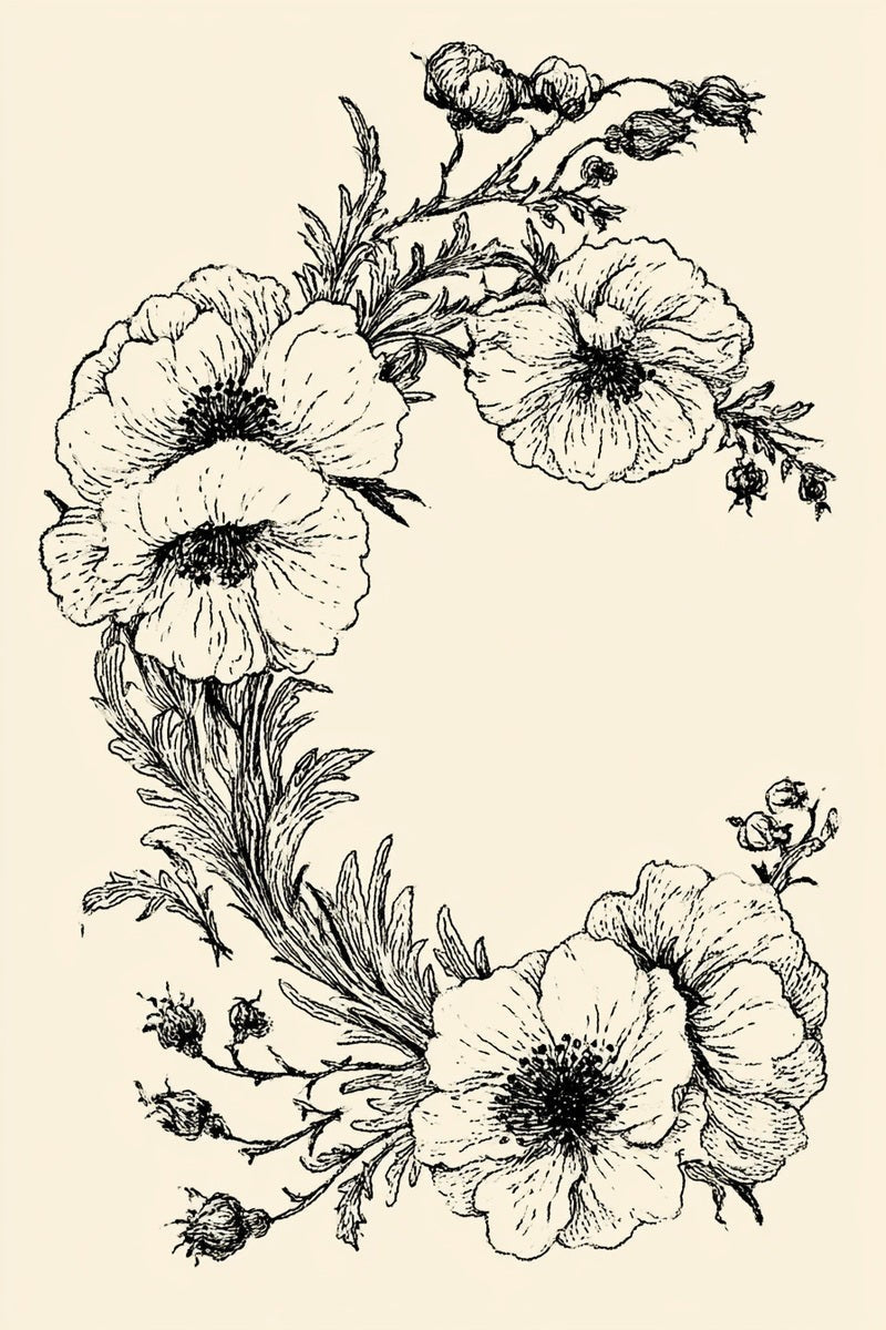 Original book drawing of open poppy floral frame.