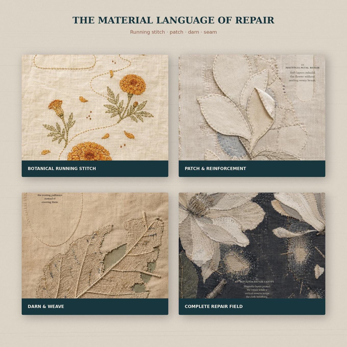 Botanical running stitch, patching, darning and complete repair field details