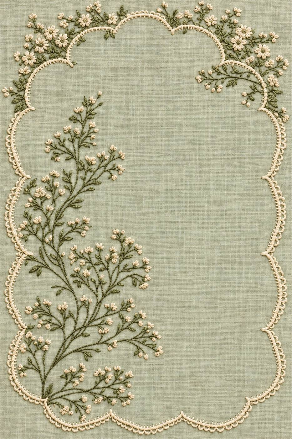 Ivory floral embroidery visualization with a scalloped border on sage linen.