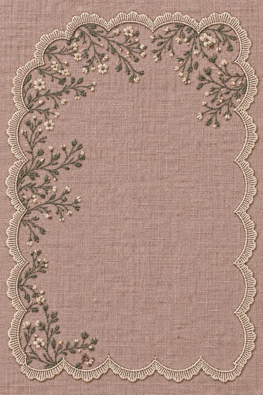 Digital embroidery visualization: ivory scalloped frame with delicate green botanical sprigs on dusty rose linen.