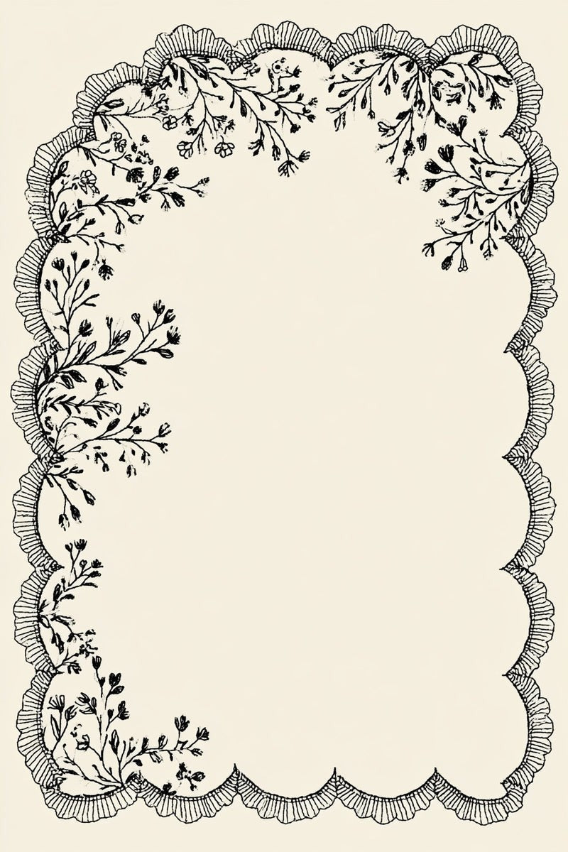 Original book drawing of scalloped botanical frame.