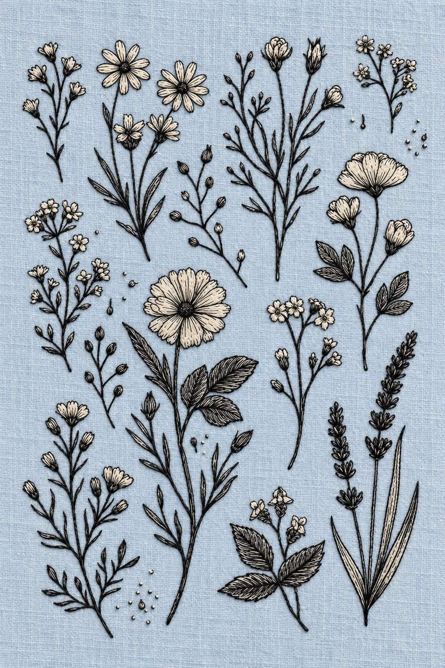 Hand embroidery of an airy wildflower specimen sampler of cup flowers, small daisies, buds, large veined leaves and two lavender-like spikes at lower right in charcoal-black and ivory cotton on soft pale powder blue linen.