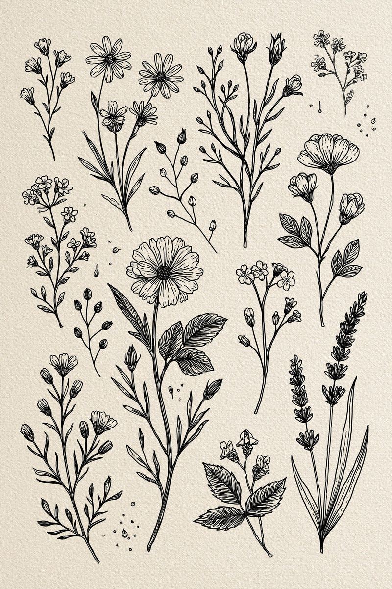 Original design: an airy wildflower specimen sampler of cup flowers, small daisies, buds, large veined leaves and two lavender-like spikes at lower right.