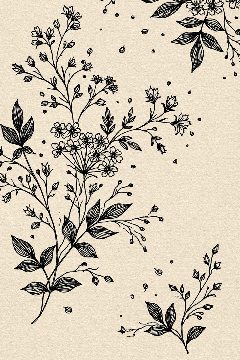 Original design: an asymmetrical cropped flowering branch at left with daisies, buds and dark veined leaves, a cropped upper-right branch and separate lower-right sprig.