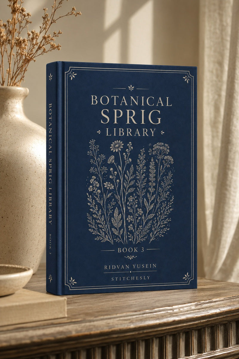 Botanical Sprig Library Book Three standing beside flowers.