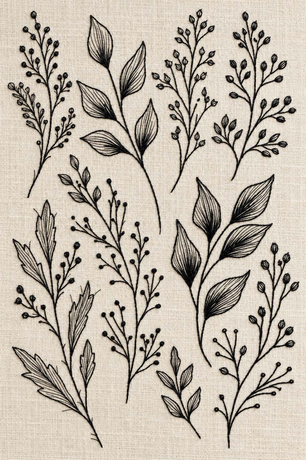 Hand embroidery of an airy sampler of separate branching bud stems and large pointed veined leaf sprigs in charcoal and ivory cotton on pale warm stone linen.
