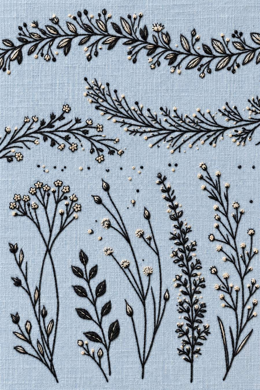 Hand embroidery of a sampler with three curved horizontal leafy and flowering borders above separate upright botanical sprigs in charcoal and ivory cotton on soft pale powder blue linen.