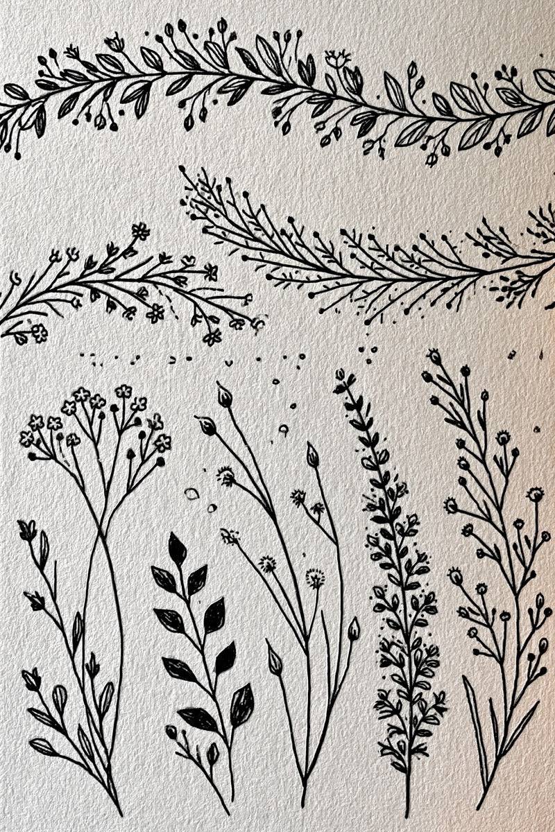 Original design: a sampler with three curved horizontal leafy and flowering borders above separate upright botanical sprigs.
