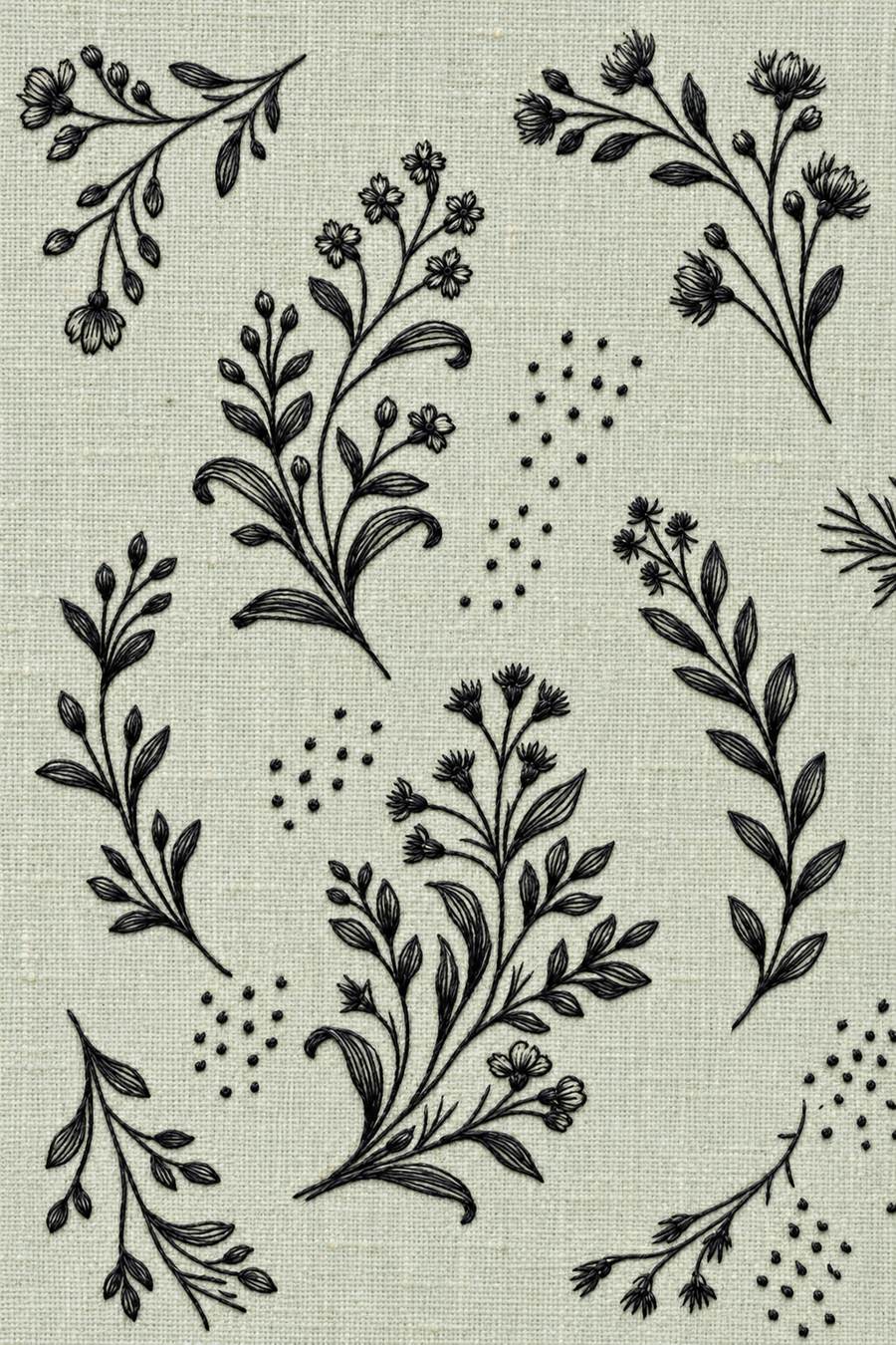 Hand embroidery of a cropped airy repeating composition of curved flower sprigs with curled leaves, buds and small scattered seed groups in charcoal and ivory cotton on pale muted celadon linen.