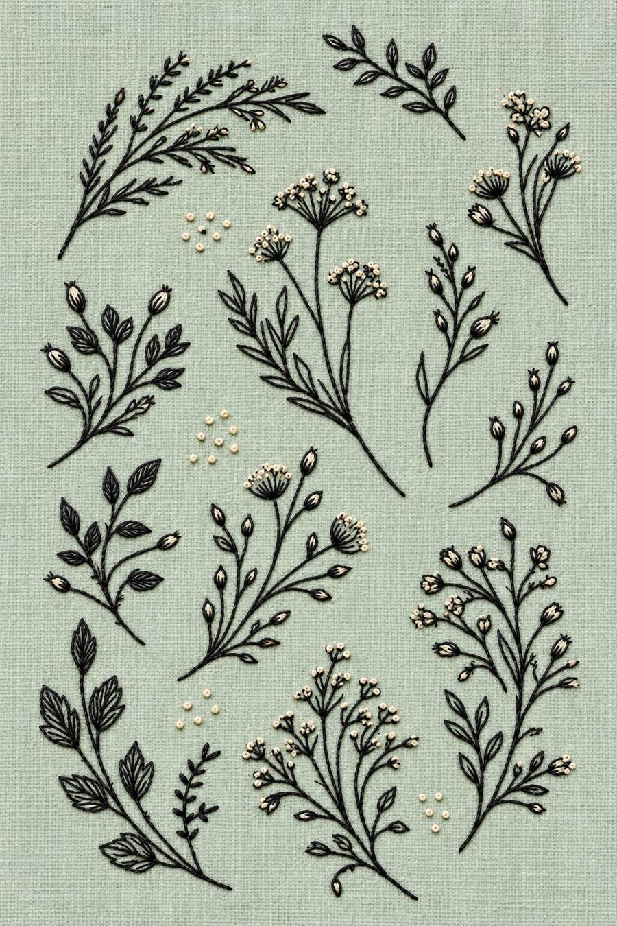 Hand embroidery of an airy sampler of separate curved herb branches, small umbrella flowers, tiny buds, open leaves and little seed sprigs in charcoal-black and ivory cotton on pale muted celadon linen.