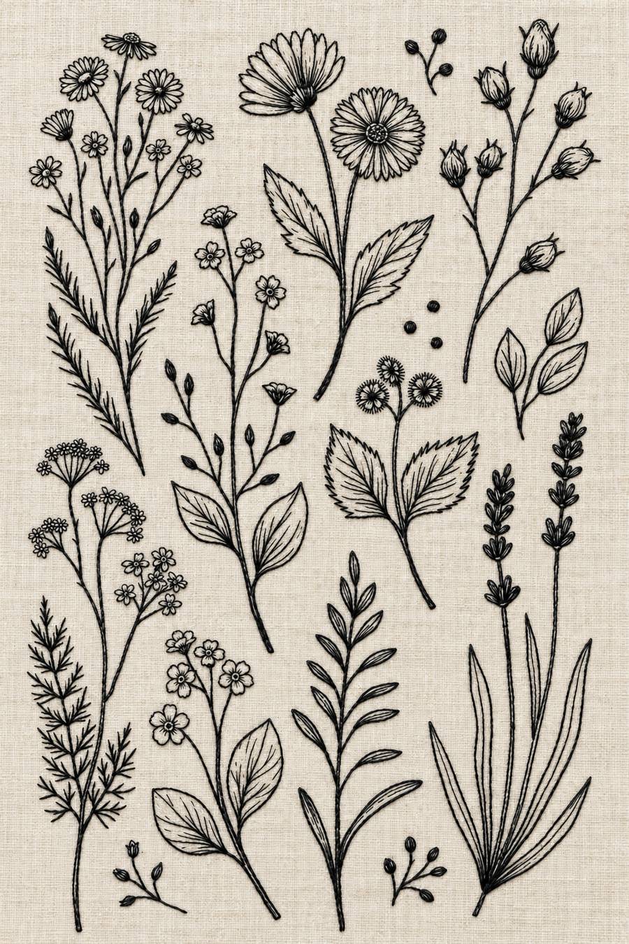 Hand embroidery of a botanical specimen sampler of daisies, cup flowers, bud stems, lavender spikes, separate herb twigs and veined leaves in charcoal and ivory cotton on pale warm stone linen.