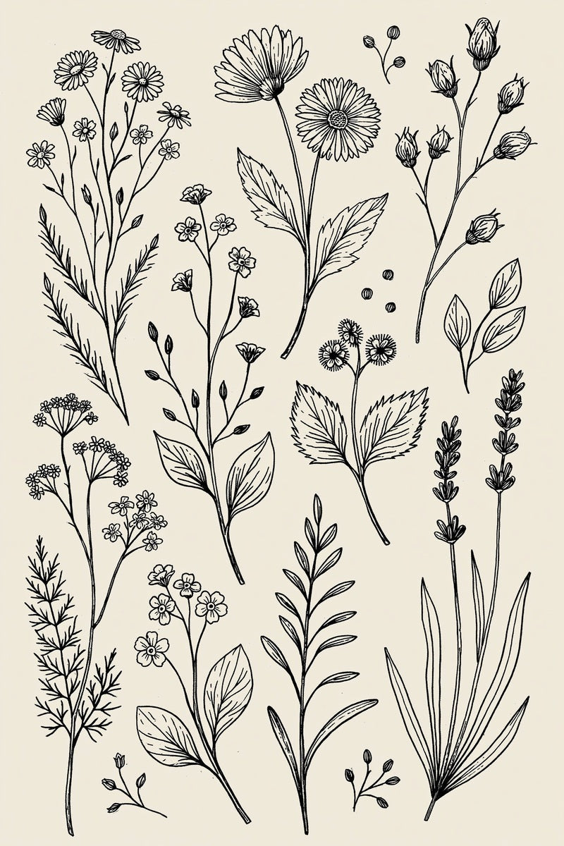 Original design: a botanical specimen sampler of daisies, cup flowers, bud stems, lavender spikes, separate herb twigs and veined leaves.