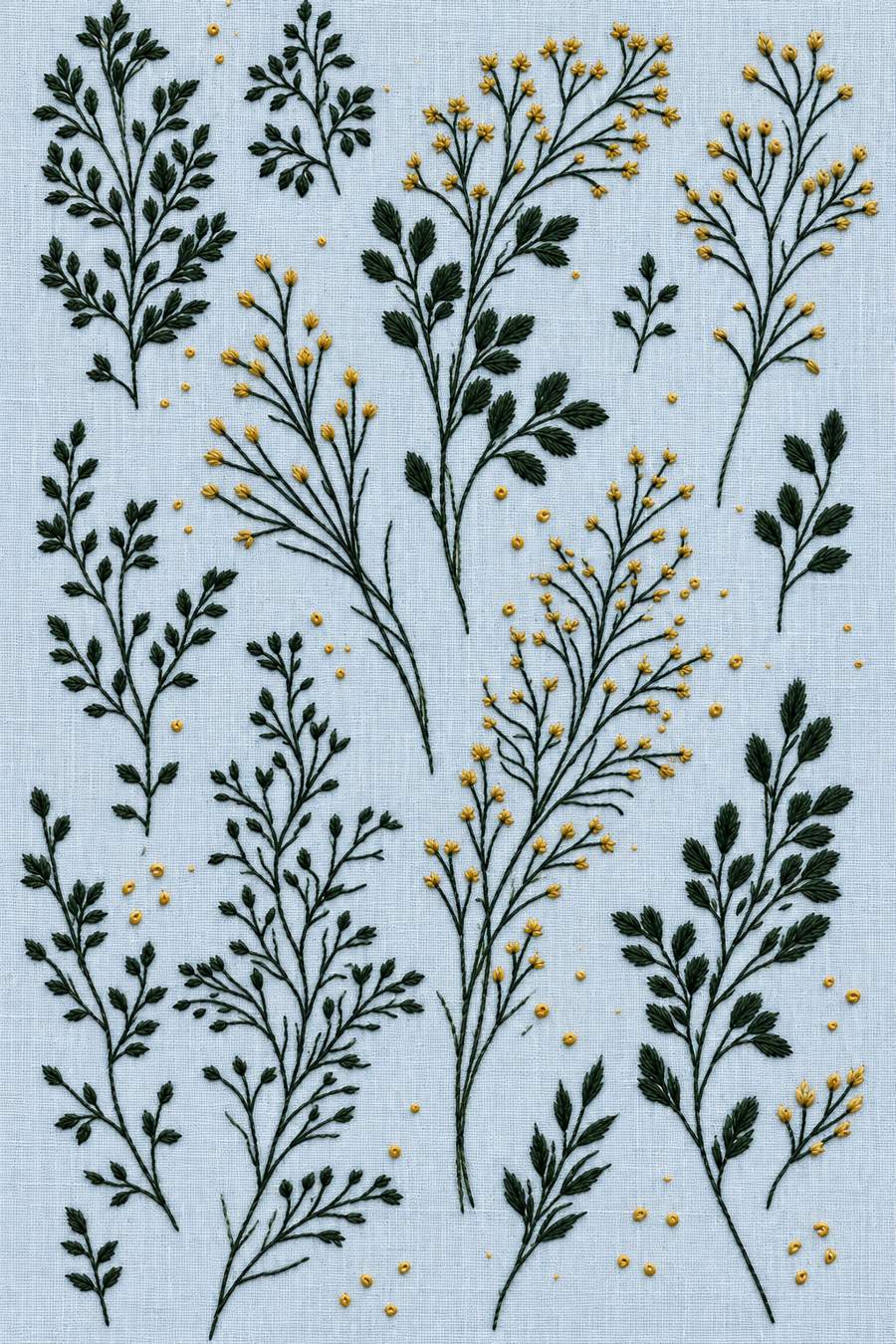 Hand embroidery of separate dark forest green leafy twigs and fine ochre flower and bud branches, with original ochre seed dots, on soft pale powder blue linen.