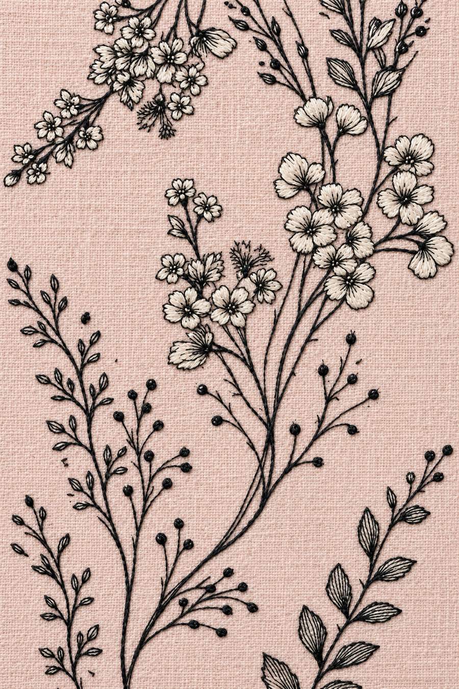 Hand embroidery of a full-page cropped arrangement of delicate flowering branches, fine buds, slender stems and separate leafy sprigs in charcoal and ivory cotton on soft pale dusty rose linen.