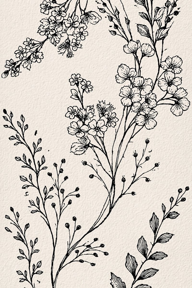 Original design: a full-page cropped arrangement of delicate flowering branches, fine buds, slender stems and separate leafy sprigs.