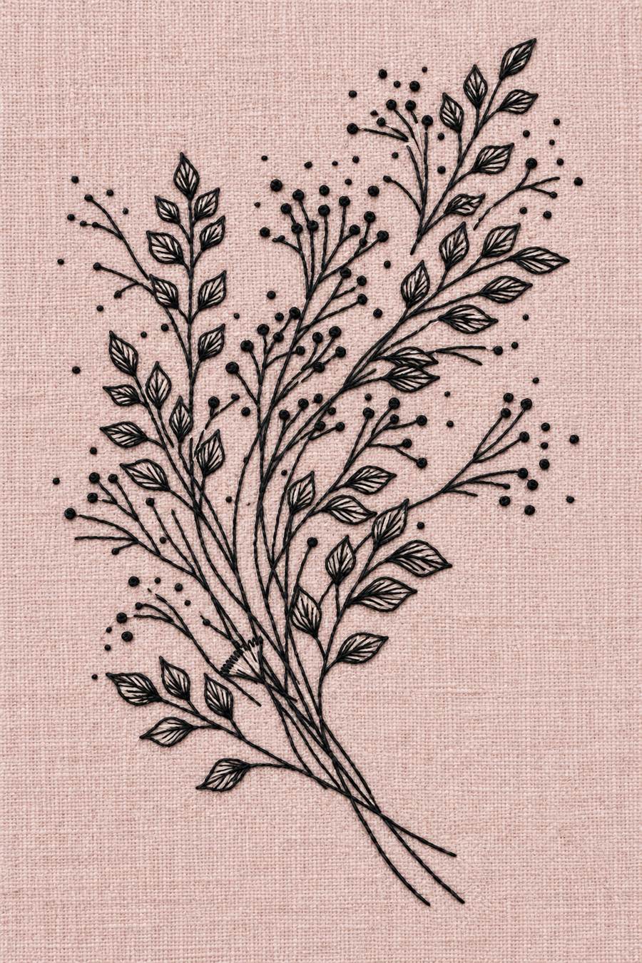Hand embroidery of one tied-looking diagonal spray of fine crossing stems with pointed veined leaves, branching seed dots and the original open ground in charcoal-black and ivory cotton on soft pale dusty rose linen.