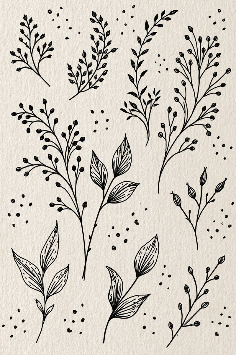 Original design: a specimen sampler of separate fine bud branches and pointed broad-leaf twigs with scattered original dots.