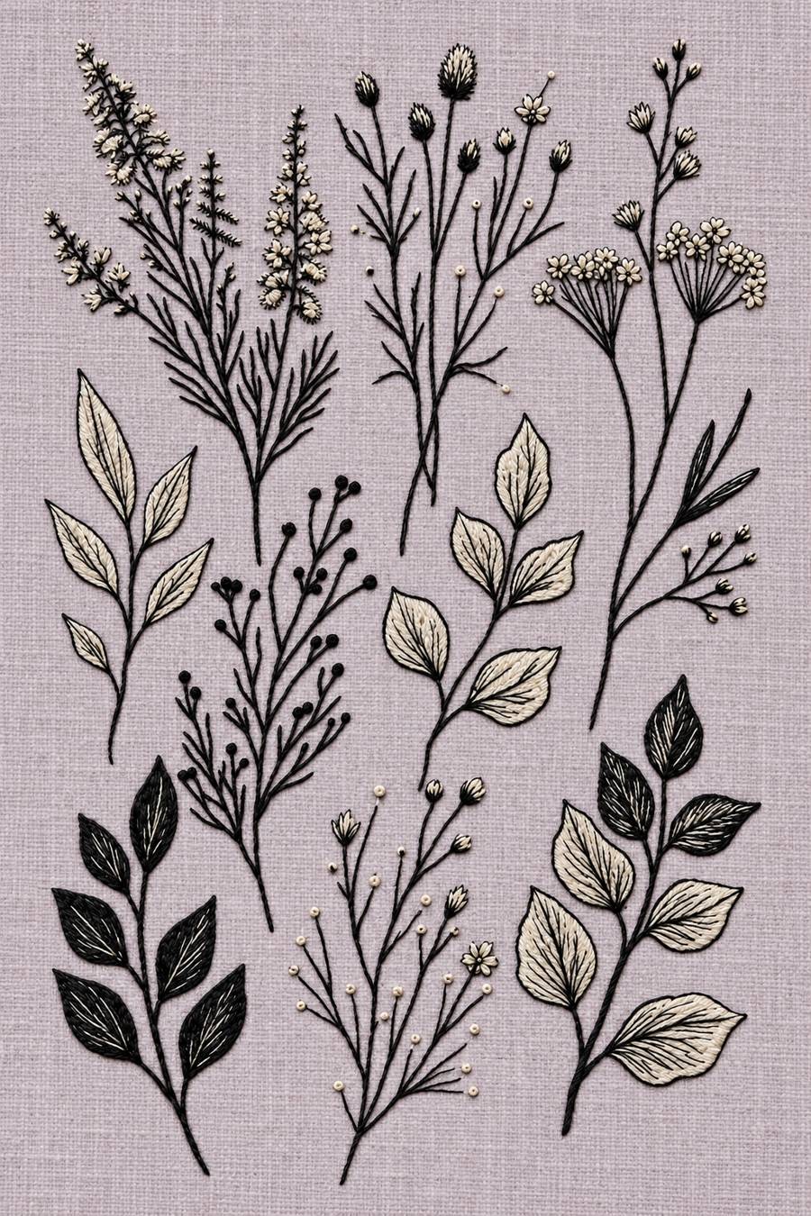Hand embroidery of a botanical specimen sampler with fine flower and bud stems, umbrella blossoms, small herb branches and separate veined leaf twigs in charcoal-black and ivory cotton on soft pale dusty lavender linen.