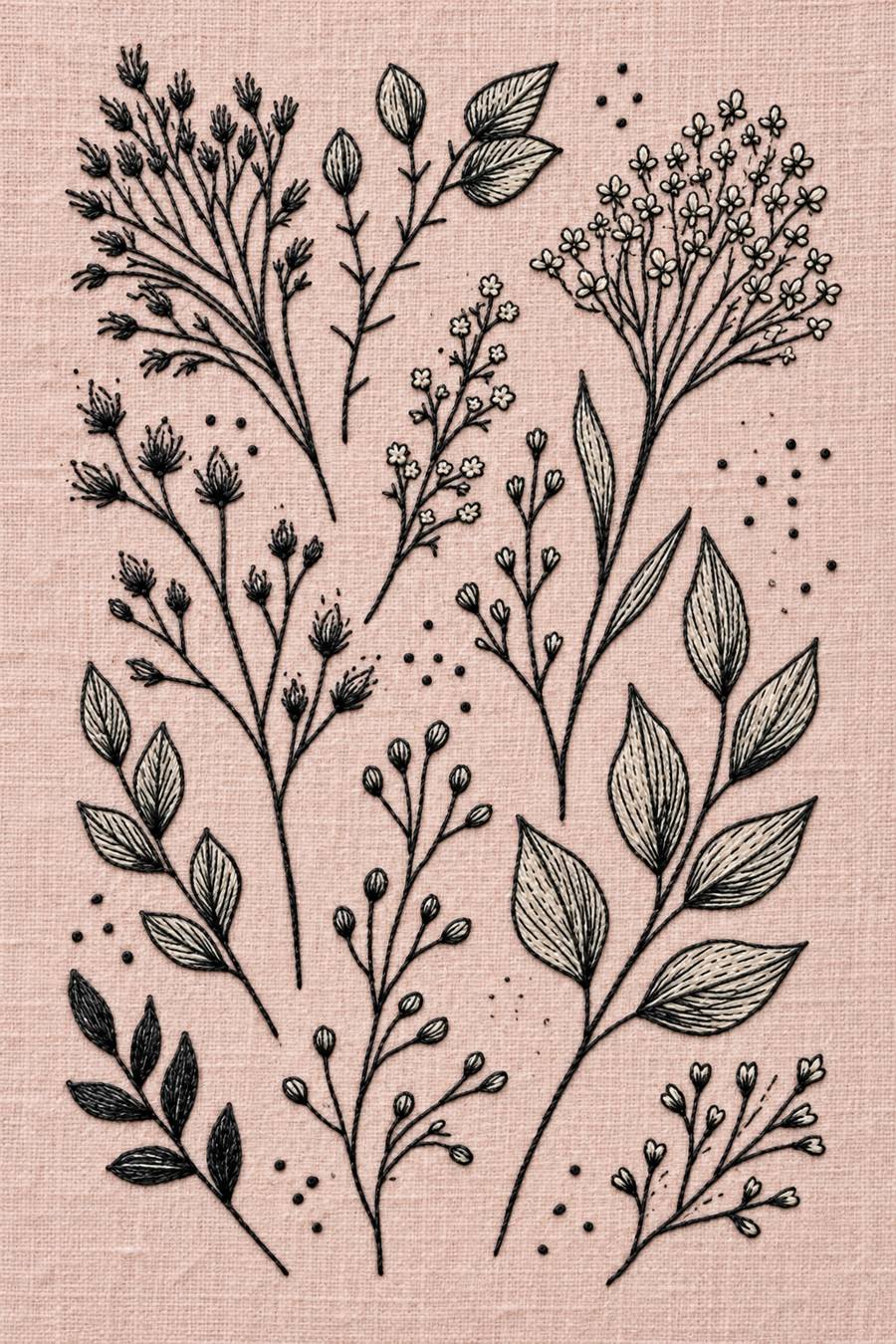 Hand embroidery of a specimen sampler with little flower clusters, tall branching buds, separate leafy twigs and one large veined leaf branch at lower right in charcoal and ivory cotton on soft pale dusty rose linen.