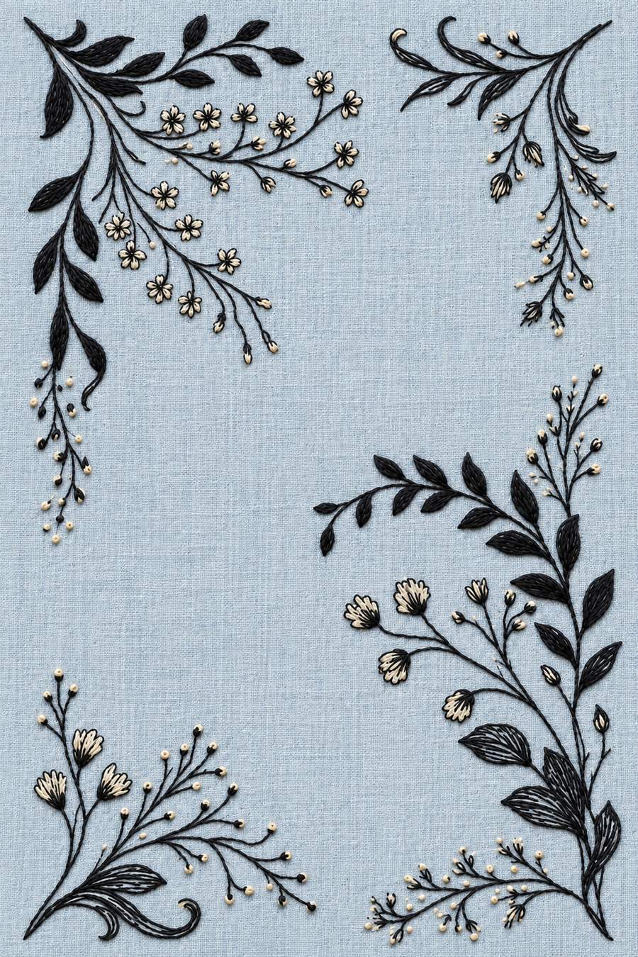 Hand embroidery of four original cropped corner floral and leaf sprigs surrounding a large blank central area in charcoal-black and ivory cotton on soft pale powder blue linen.