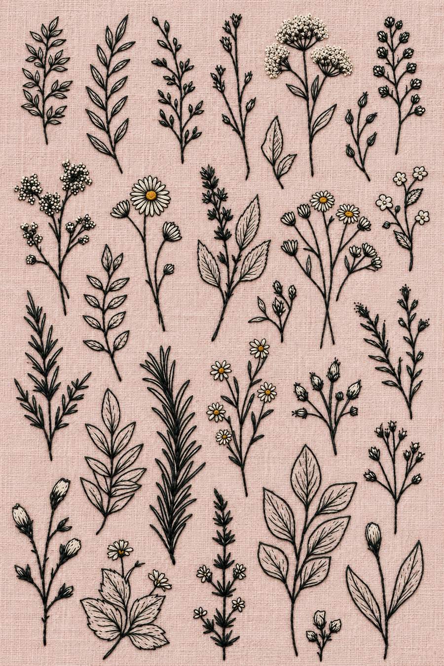 Hand embroidery of a specimen sampler of separate tiny herb sprigs, daisies, umbrella flowers, buds, veined leaves and needle-leaf branches in charcoal-black and ivory with the source's tiny muted ochre daisy-centre accents only cotton on soft pale dusty rose linen.