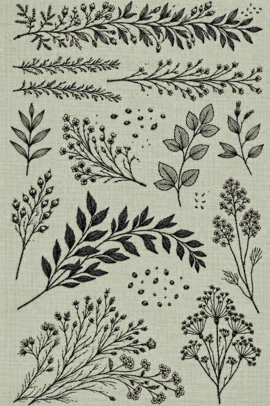 Hand embroidery of a specimen sampler with horizontal leafy and flower borders at the top, separate little botanical branches, a large dark curved leaf spray and lower flower and umbel sprigs in charcoal and ivory cotton on pale muted celadon linen.