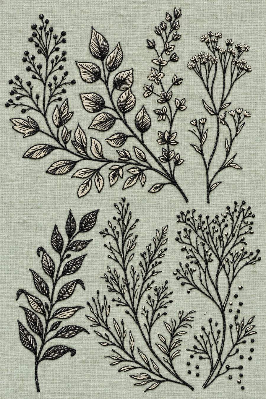 Hand embroidery of a botanical specimen sampler of leafy branches, fine bud sprigs, tiny flowers and branching seed clusters in charcoal and ivory cotton on pale muted celadon linen.
