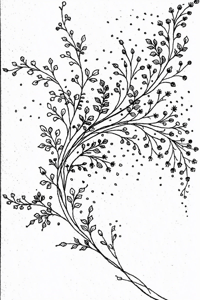 Original design: one long sweeping curved spray with fine branches, tiny leaves and buds, ending in crossing stems and retaining the original open ground.