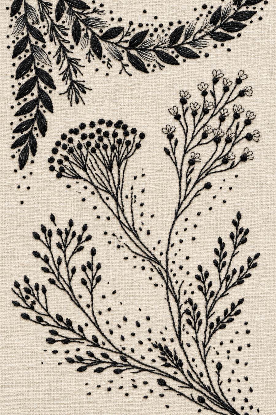 Hand embroidery of a large fine branching floral spray rising from the lower-right edge, an umbrella seed head, tiny cup flowers and a cropped leafy corner border at upper left in charcoal-black and ivory cotton on pale warm stone linen.