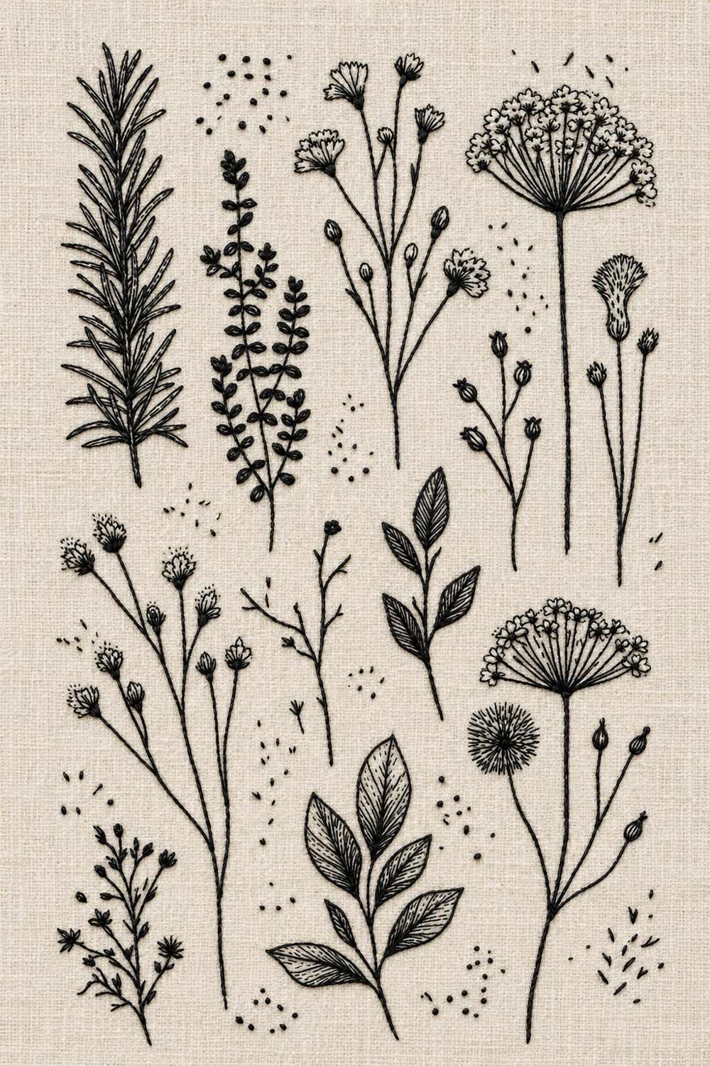 Hand embroidery of an airy botanical sampler with one long needle-leaf twig, little herb sprigs, cup flower stems, two tall umbrella blooms and veined leaf branches in charcoal-black and ivory cotton on pale warm stone linen.
