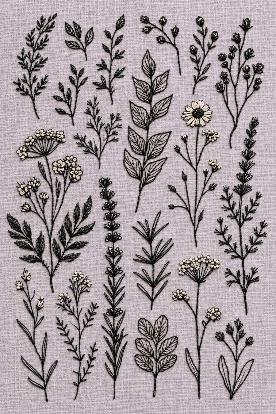 Hand embroidery of a specimen sampler of separate slender herb twigs, branching buds, umbrella flowers, tall leafy stems and lavender-like spikes in charcoal-black and ivory cotton on soft pale dusty lavender linen.