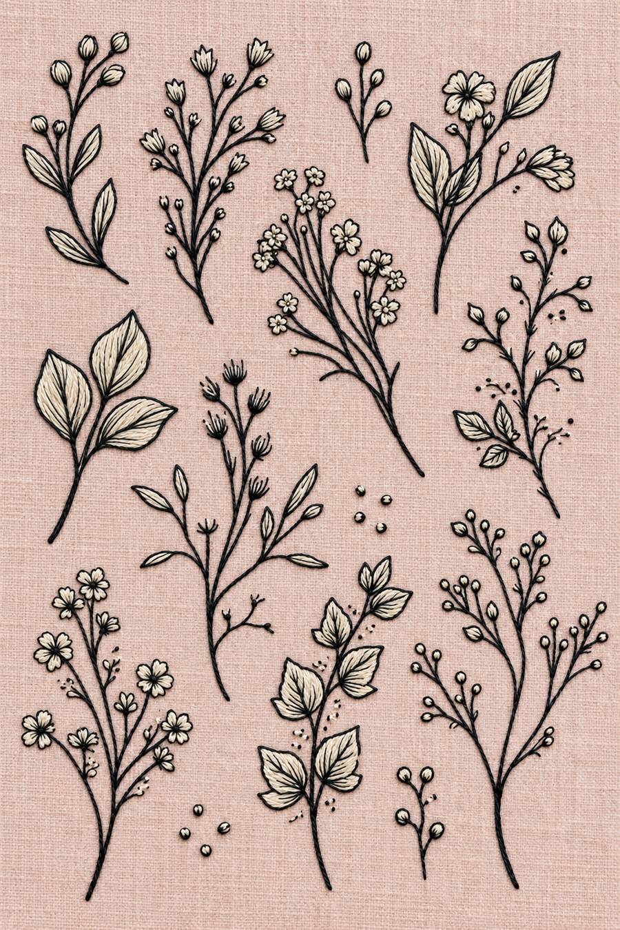 Hand embroidery of a delicate specimen sampler of separate little flowering stems, round bud branches and broad veined leafy twigs in charcoal and ivory cotton on soft pale dusty rose linen.