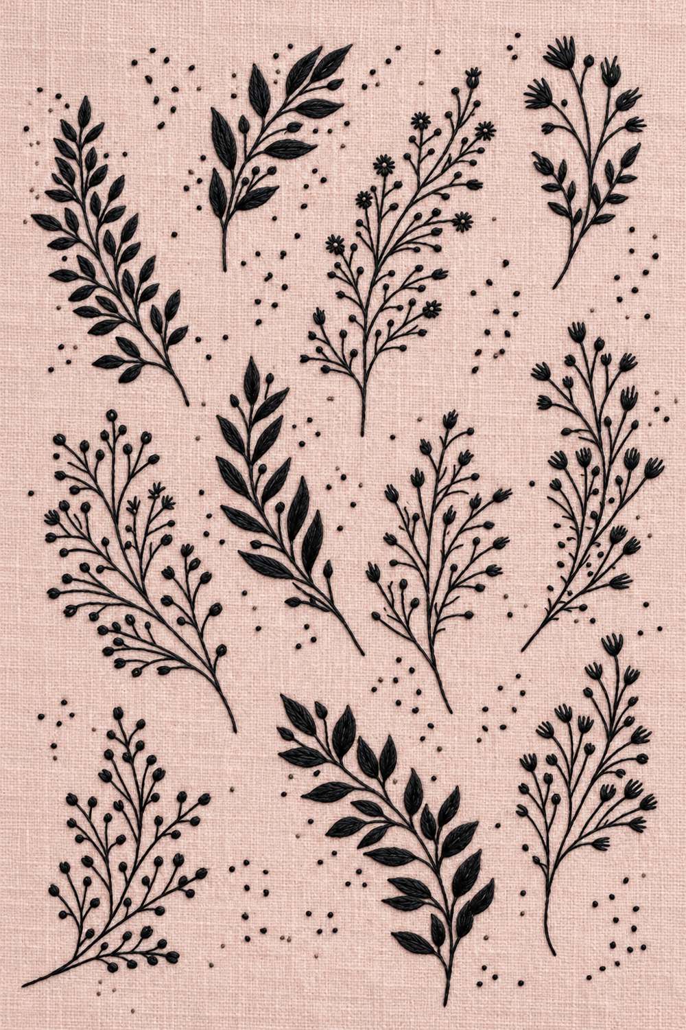 Hand embroidery of an airy pattern of separate solid charcoal leaf sprigs, small branching flower silhouettes, seed stems and scattered dots in charcoal and ivory cotton on soft pale dusty rose linen.