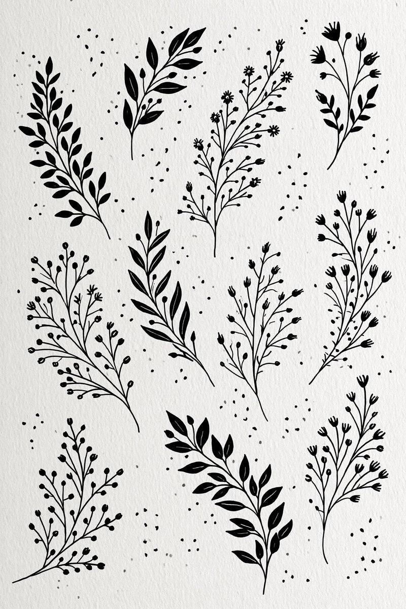 Original design: an airy pattern of separate solid charcoal leaf sprigs, small branching flower silhouettes, seed stems and scattered dots.