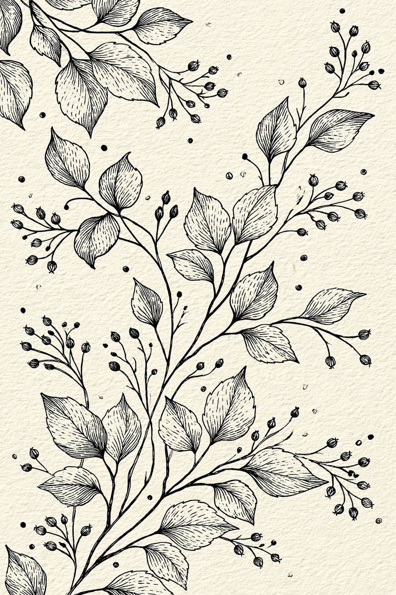 Original design: a sweeping diagonal composition of large veined pointed leaves with branching buds and original cropped leaves at the top left and bottom edges.