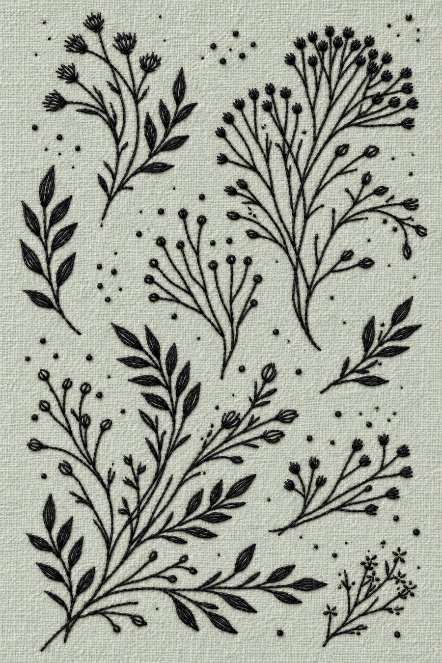 Hand embroidery of a full-page botanical composition with a large sweeping lower leafy branch and separate fine seed heads, small flower stems and scattered original dots in charcoal and ivory cotton on pale muted celadon linen.