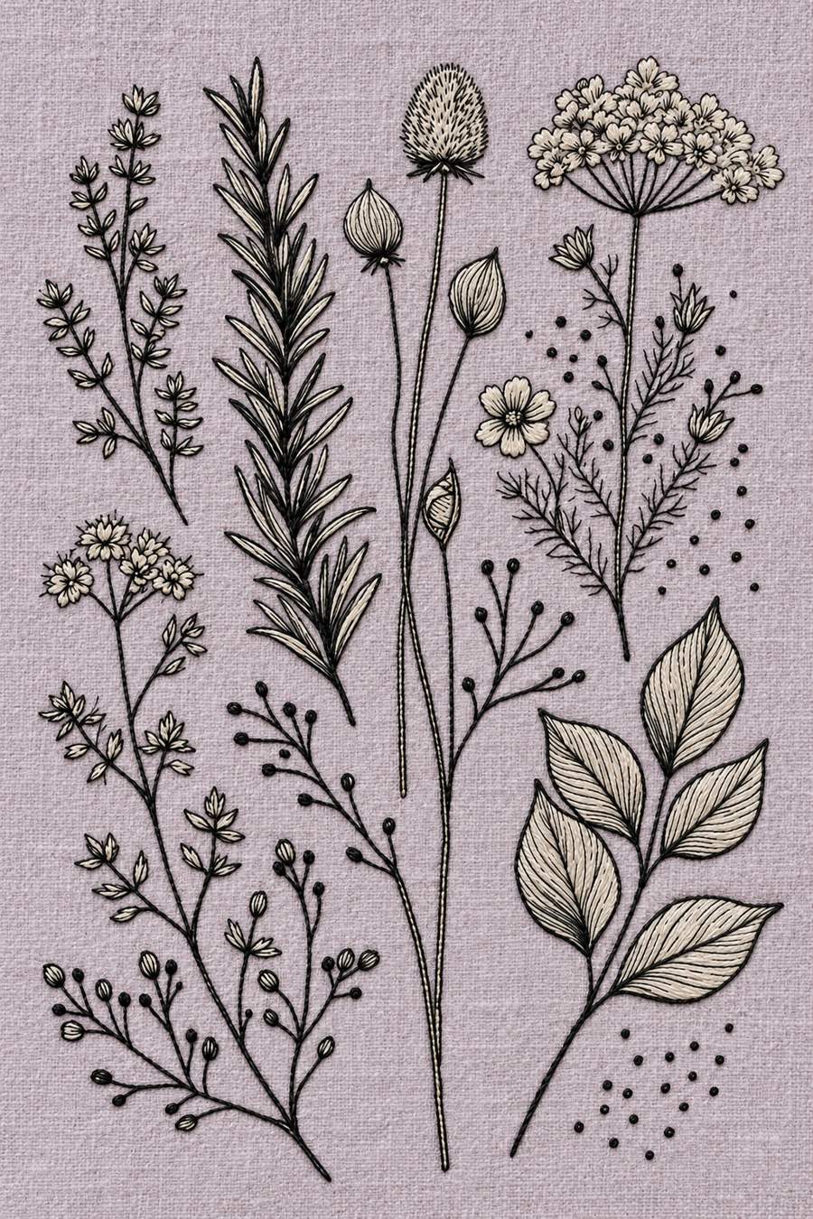 Hand embroidery of a botanical specimen sampler with tall fine bud stems, one long needle-leaf sprig, an umbrella flower, small blossoms and a broad veined leaf twig in charcoal and ivory cotton on soft pale dusty lavender linen.
