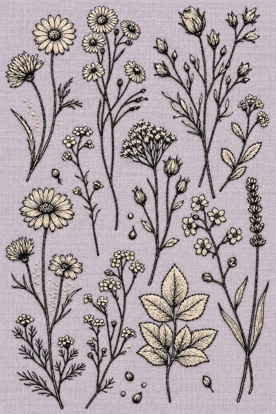 Hand embroidery of an airy specimen sampler of separate tall daisies, flower clusters, rose-like bud stems, a lavender-like spike and broad veined leaves in charcoal-black and ivory cotton on soft pale dusty lavender linen.