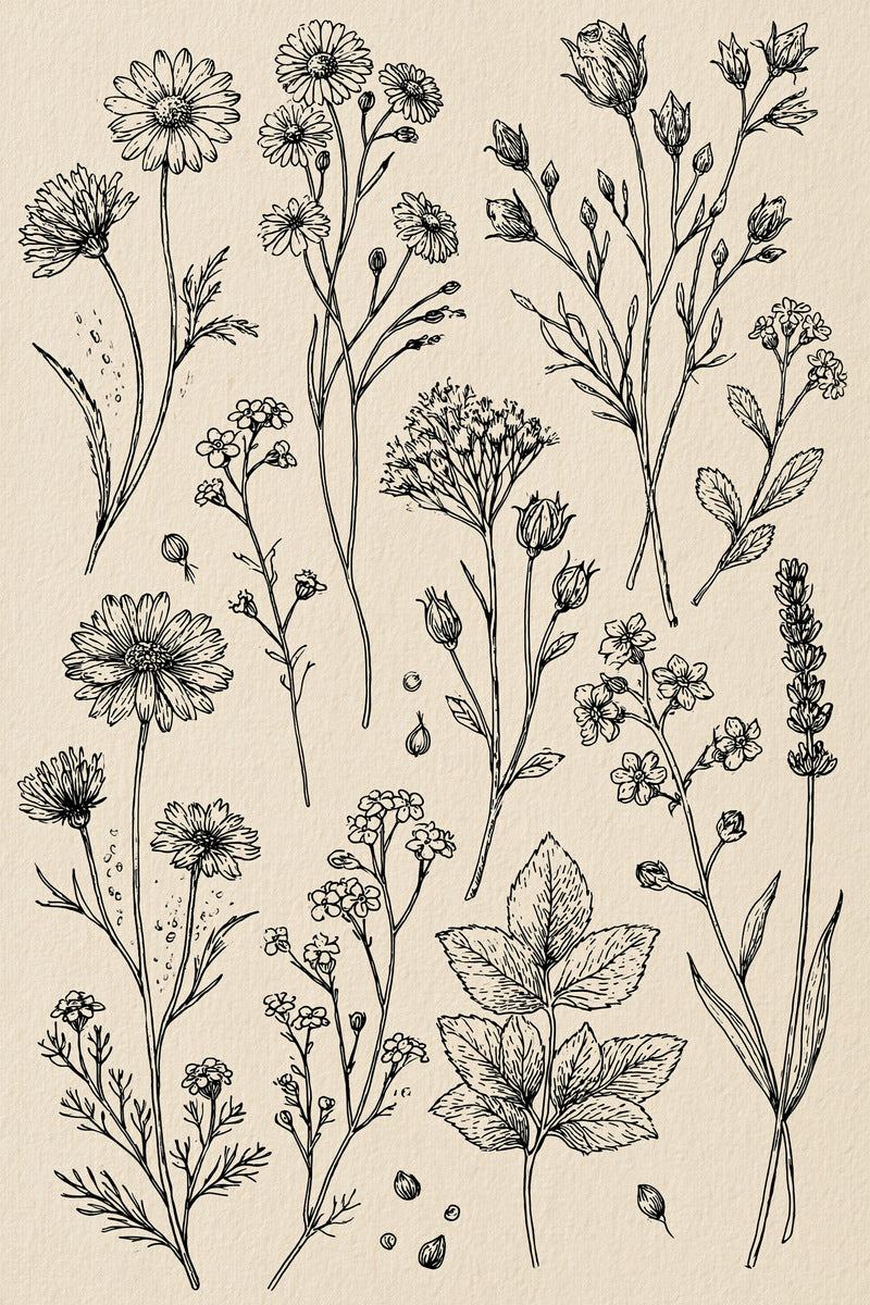 Original design: an airy specimen sampler of separate tall daisies, flower clusters, rose-like bud stems, a lavender-like spike and broad veined leaves.
