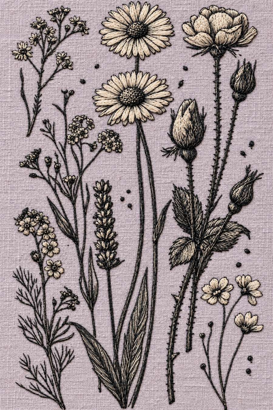 Hand embroidery of a tall flower specimen arrangement with two large daisies, a rose-like layered flower, thorny bud stems, lavender-like spike and delicate little blossoms in charcoal and ivory cotton on soft pale dusty lavender linen.
