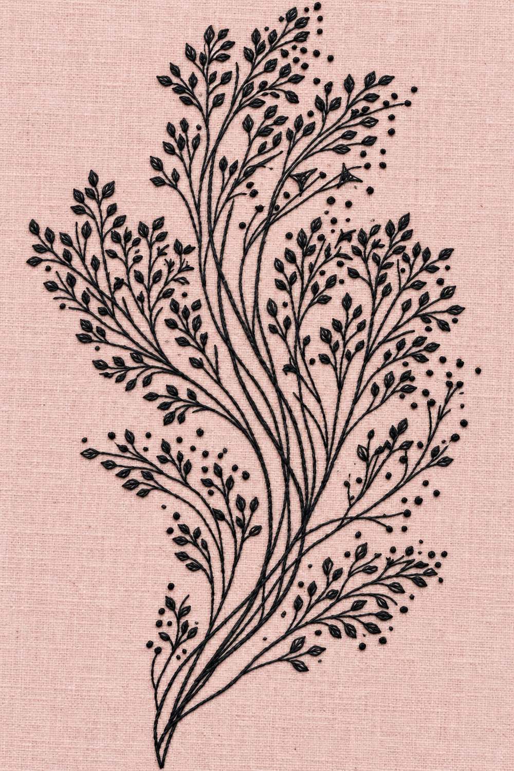 Hand embroidery of a tall flowing spray of many fine charcoal stems with tiny pointed leaves and scattered original seed dots in charcoal and ivory cotton on soft pale dusty rose linen.
