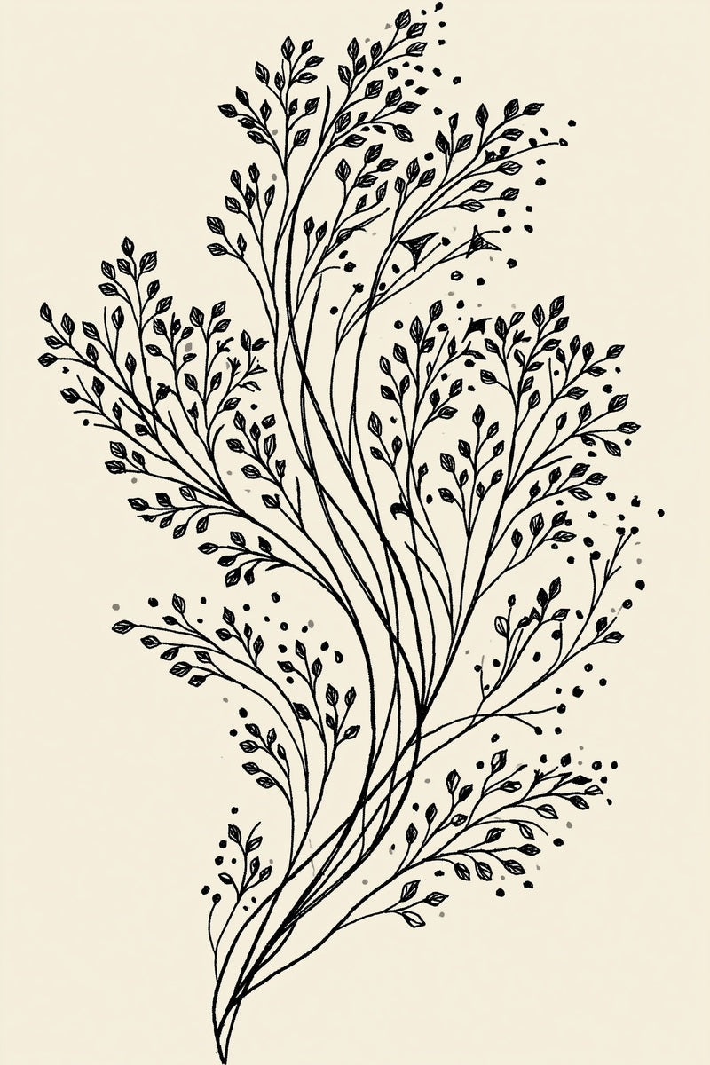 Original design: a tall flowing spray of many fine charcoal stems with tiny pointed leaves and scattered original seed dots.