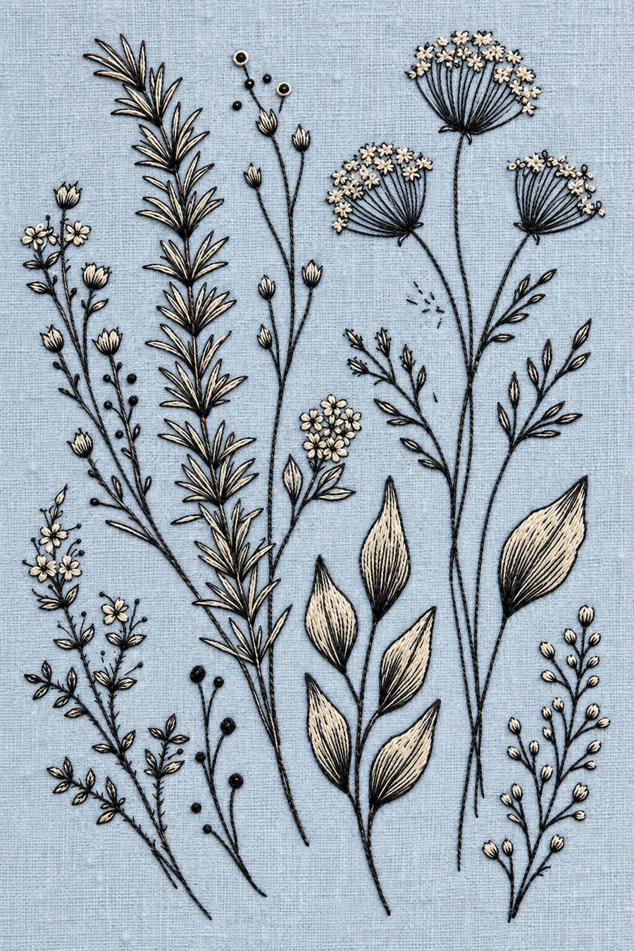 Hand embroidery of a full-page tall botanical arrangement with one long needle-leaf stem, umbrella flower heads, slender bud stems and large pointed leaves in charcoal and ivory cotton on soft pale powder blue linen.