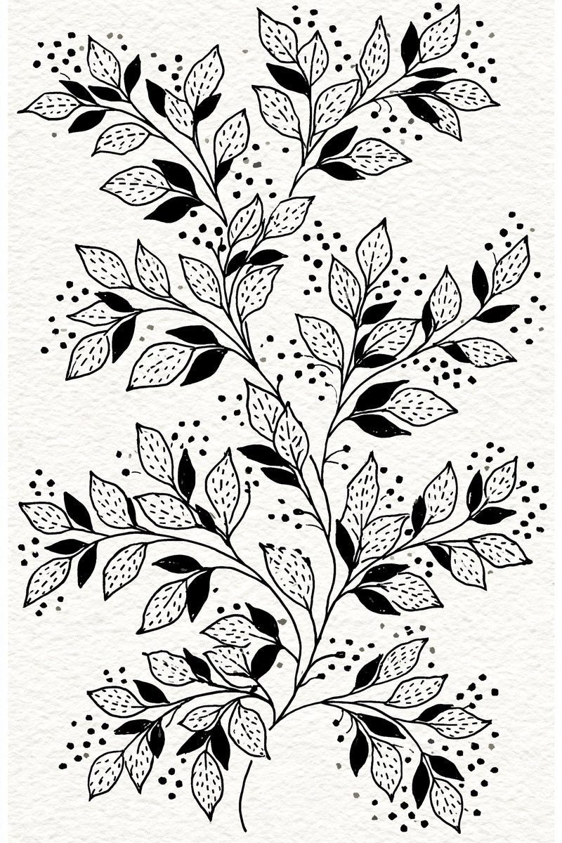 Original design: one tall branching leafy spray with alternating open dotted leaves and solid charcoal leaves, with original scattered seed-dot groups.
